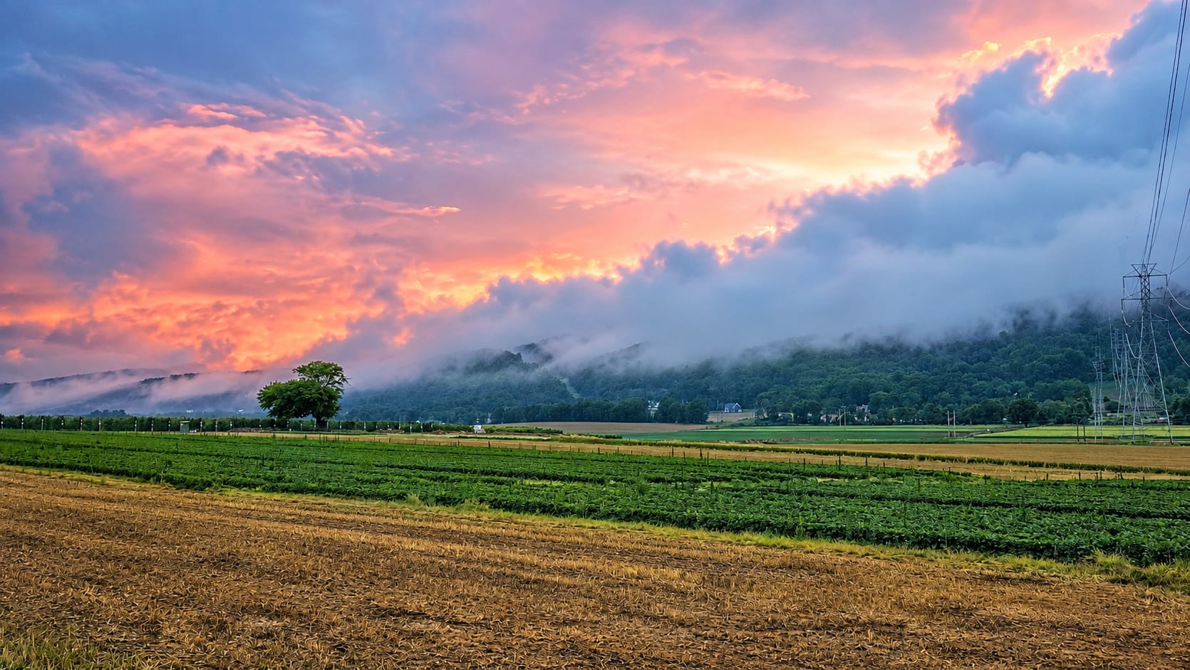 Sunset over farmland and the ridgeline of northwest New Jersey
